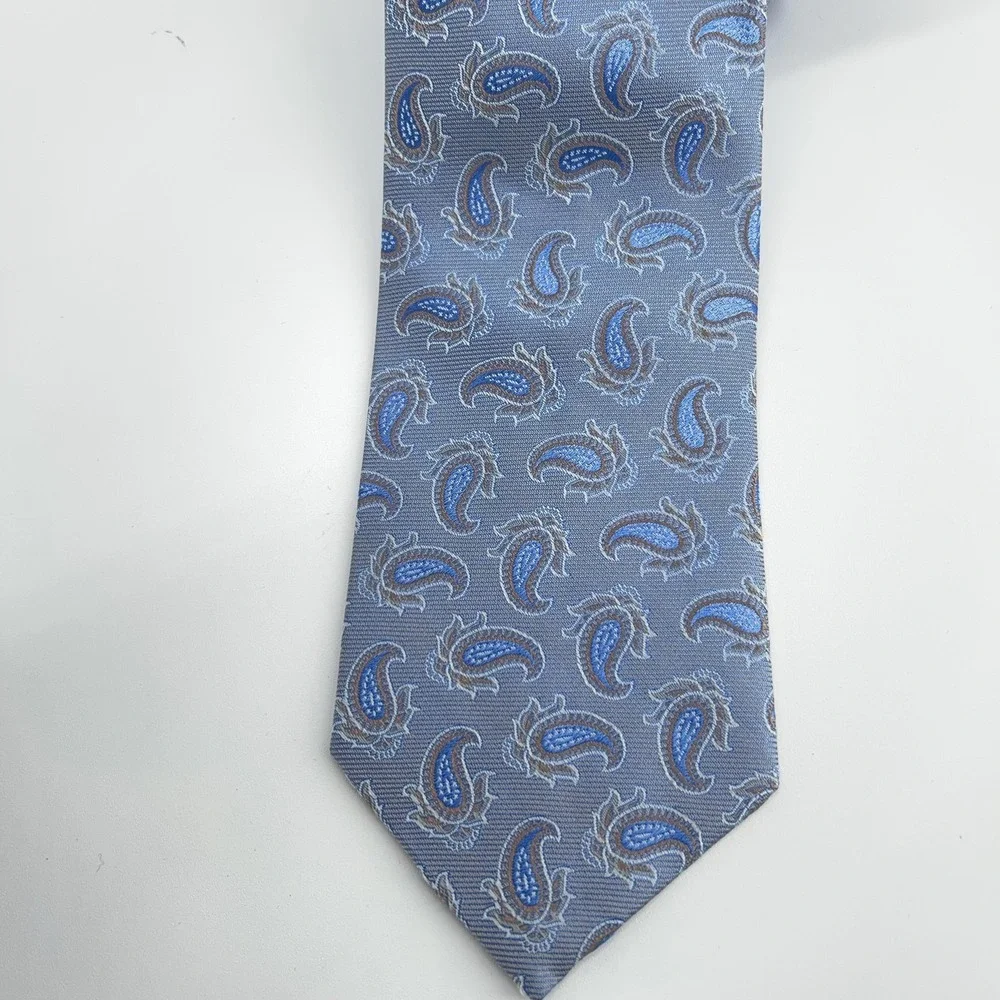 Eton Necktie Mens One Size‎ Grey Blue Silk Paisley Luxury Made In England NWT